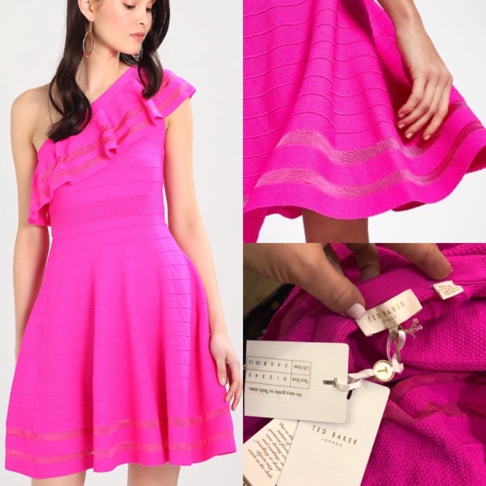 NWT Ted Baker neon pink knit one shoulder dress